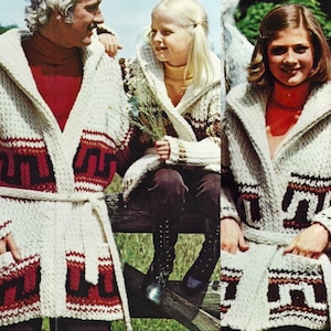Vintage Knitting Pattern Cardigan Family Nordic Sweaters PDF Instant Digital Download Tie Belt Oversized Bulky Jacket Knitted Coat