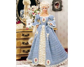 Vintage Crochet Pattern Barbie Doll Victorian Blue Dress Pom Pom Ball Hem Puff Sleeves Fashion Gown PDF Instant Digital Download