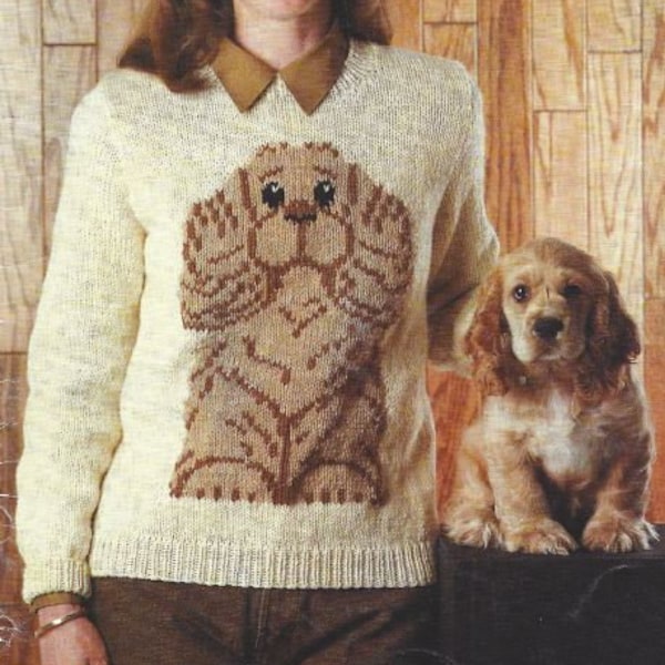Vintage Knitting Pattern Womens Cocker Spaniel Sweater PDF Instant Download Ladies Pullover Dog Sweater Crew Neck Top Dog Lover Gift