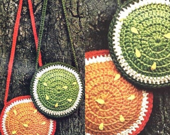 Modello vintage all'uncinetto per graziosa borsa a tracolla con frutta arancione e lime, download digitale immediato in formato PDF, borsa a spalla retrò per donne e bambini.