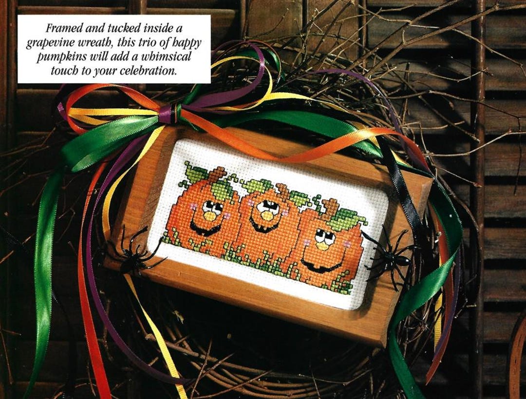 Vintage Halloween Cross Stitch Pattern Smiling Pumpkins Framed Art PDF ...
