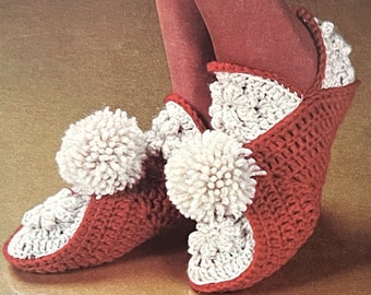Patrón de ganchillo vintage para pantuflas cuadradas de abuela en PDF, descarga digital instantánea. Zapatos de casa retro florales para mujer con pompones.