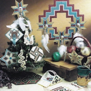 Plastic Canvas Pattern Southwestern Christmas Decor Set PDF Instant Digital Download Tree Ornaments Coasters Wreath Tissue Cover Tree Skirt