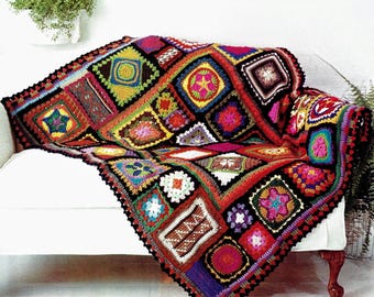 Granny Square Sampler Blanket Pattern Vintage 1970s Crochet Hippy
