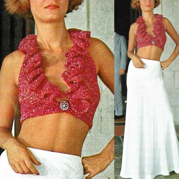 Vintage Crochet Pattern Midriff Halter Top PDF Instant Digital Download Plunging Neckline Beach Belly Summer Bikini Crop Top
