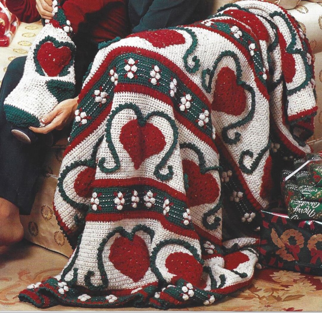 Vintage Crochet Pattern Christmas Heart Afghan Blanket With
