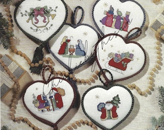Vintage Cross Stitch Christmas Pattern Heart Ornaments Set of 6 Nativity Scene Santa Claus PDF Instant Digital Download Holiday Home Decor