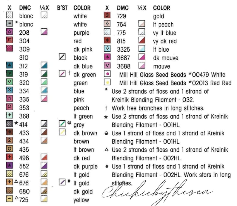 May include: A color chart for cross stitch embroidery with DMC floss colors, bead colors, and instructions for using Kreinik blending filament. The chart includes a list of DMC floss colors with corresponding numbers, a list of bead colors with corresponding numbers, and instructions for using Kreinik blending filament in different stitches.