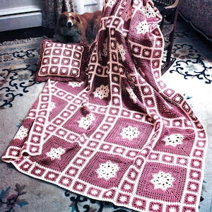 Vintage Weihnacht Häkelanleitung Schneeflocke Motiv Afghane & Kissen PDF Sofort Digital Download Granny Square Winter Decke Wohndeko