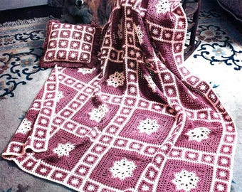 Vintage Christmas Crochet Pattern Snowflake Motif Afghan & Pillow PDF Instant Digital Download Granny Square Winter Throw Blanket Home Decor