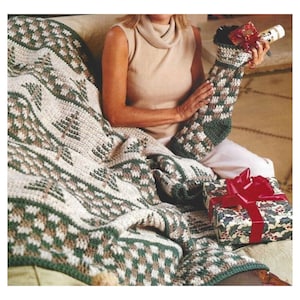 Vintage Crochet Pattern Country Christmas Afghan Throw Matching Stocking PDF Instant Digital Download Christmas Tree  Blanket Home Decor