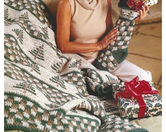Vintage Crochet Pattern Country Christmas Afghan Throw Matching Stocking PDF Instant Digital Download Christmas Tree  Blanket Home Decor