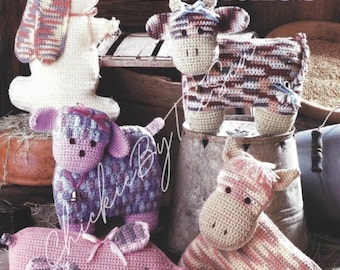 Patrón de crochet vintage: Amigurumi, animales de granja, peluches, conejo, vaca, caballo, cordero, cerdo, PDF, descarga digital instantánea