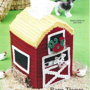Capa para caixa de lenços de papel em tela plástica com padrão de lona para celeiro PDF Download digital instantâneo Topper de lenços de papel para casa de celeiro Decoração campestre de vaca, galinha e porco