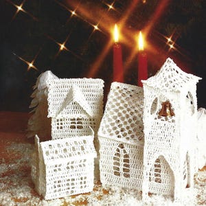 Vintage Crochet Pattern Victorian Christmas Village Town Square PDF Instant Digital Download Church and Houses Holiday Mantel Home Decor