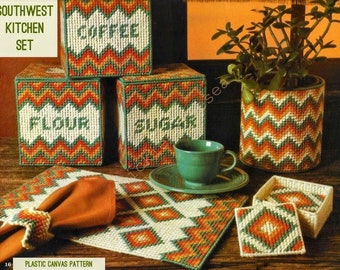 Vintage Plastic Canvas Pattern Southwestern Kitchen Set Canister Set Flower Pot Coasters with Holder Placemat PDF Instant Digital Download