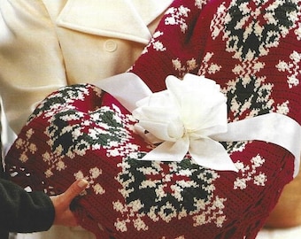 Vintage Noël au crochet, motif flocon de neige, PDF afghan, téléchargement numérique instantané, couverture de Noël rouge vert blanc, 52 x 67 po.