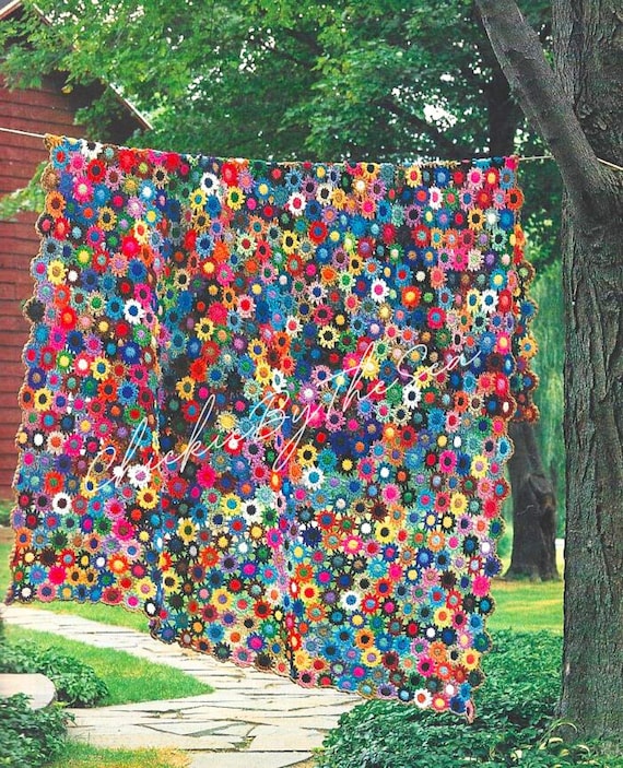 Vintage Crochet Pattern Meadow Flower Afghan Scrap Yarn Project Floral Motif Throw Blanket PDF Instant Digital Download Lapghan Home Decor