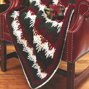 Vintage Crochet Christmas Stripe Afghan Throw Pattern PDF Instant Digital Download Holiday Dip Down Burgundy Green White Holiday Blanket image 2