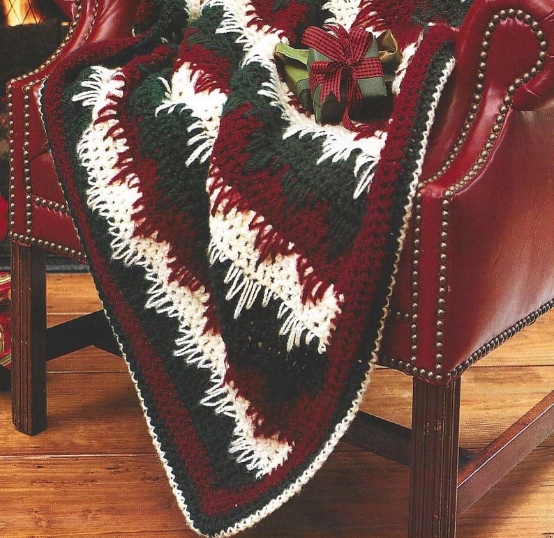 Vintage Crochet Christmas Stripe Afghan Throw Pattern PDF Instant Digital Download Holiday Dip Down Burgundy Green White Holiday Blanket image 2