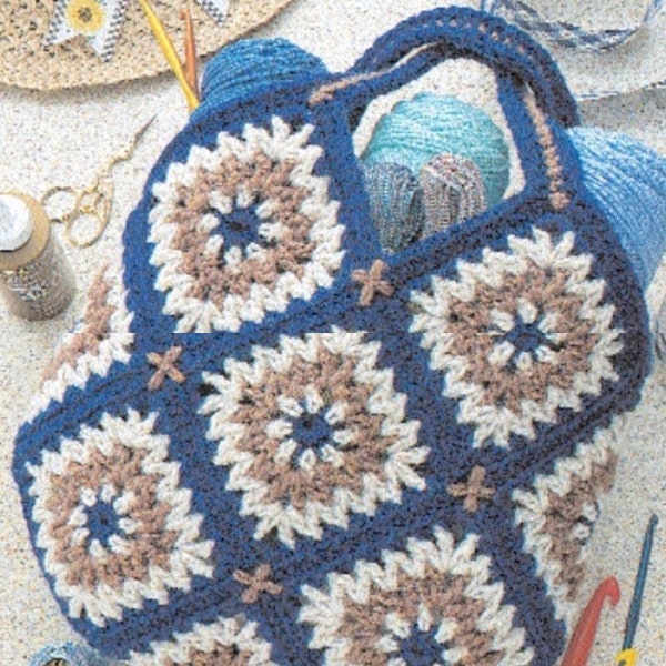 Vintage Crochet Pattern Granny Square Tapestry Tote Bag PDF Instant Digital Download Square Motif Yarn Storage Holder Organizer