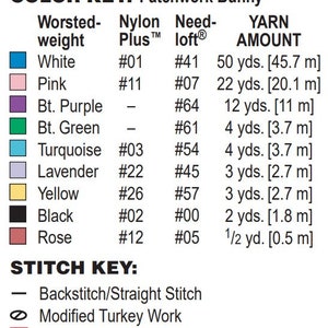 May include: Color key and stitch key for a patchwork bunny crochet project. The color key lists yarn colors and amounts needed, including white, pink, purple, green, turquoise, lavender, yellow, black, and rose. The stitch key shows the stitches used: backstitch/straight stitch, modified turkey work, and patch attachment.
