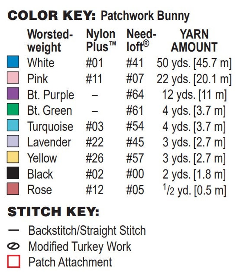 May include: Color key and stitch key for a patchwork bunny crochet project. The color key lists yarn colors and amounts needed, including white, pink, purple, green, turquoise, lavender, yellow, black, and rose. The stitch key shows the stitches used: backstitch/straight stitch, modified turkey work, and patch attachment.