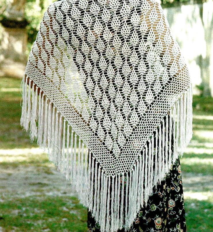 Vintage Crochet Pattern Lacy Pineapple Triangle Shawl Wrap Fringe Trim ...