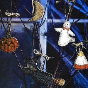 Cross Stitch Pattern 5 Small Halloween Ornaments PDF Instant Digital Download Smiling Ghost Witch Moon Pumpkin Candy Corn Holiday Home Decor