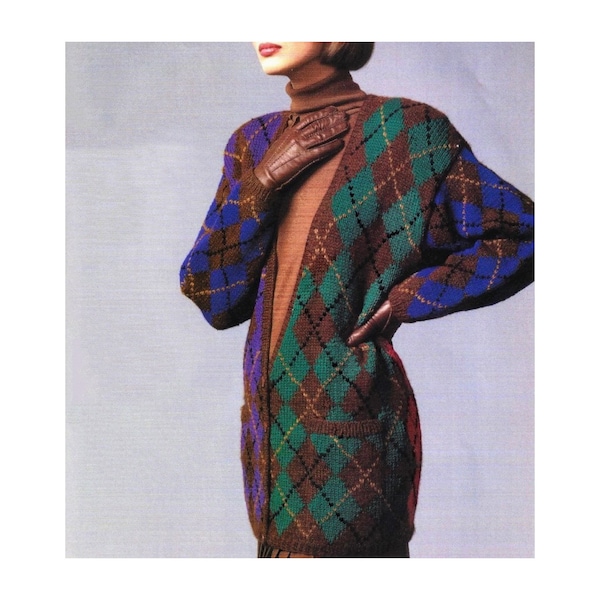 Vintage Knitting Pattern Tunic Length Cardigan Argyle Sweater PDF Instant Digital Download Womens Open Front Sweater Jacket