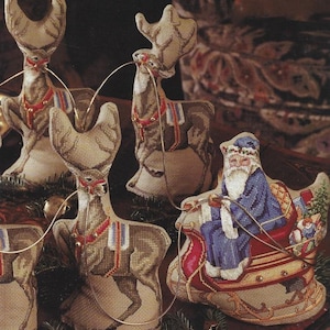 Vintage Cross Stitch Christmas Pattern Stand Up Santa Claus Reindeer and Sleigh PDF Instant Digital Download Holiday Mantel Home Decor