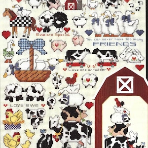 May include: A cross-stitch sampler featuring various farm animals, including cows, sheep, pigs, chickens, and ducks. The design includes the text "I love country", "Ewe are Special", and "You can never have too many friends".
