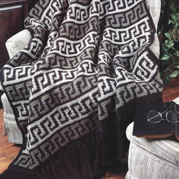 Vintage Crochet Pattern Contemporary Greek Puzzle Afghan PDF Instant Digital Download Geometric Throw Blanket Home Decor