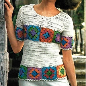 Vintage Crochet Pattern Granny Square T-shirt Pullover Top Vintage Crochet Pattern Granny Square T-shirt Pullover Top