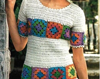 Vintage Crochet Pattern Granny Square T-shirt Pullover Top Vintage Crochet Pattern Granny Square T-shirt Pullover Top