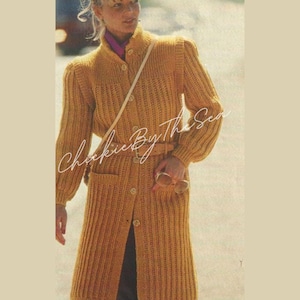 Vintage Knitting Pattern Ribbed Cardigan Sweater PDF Instant Digital Download Button Up Jacket Wide Shoulder Long Knitted Duster Coat
