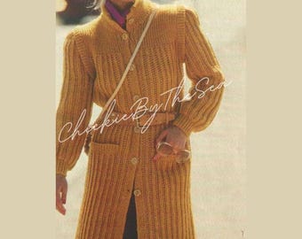 Wzór na sweter kardigan w stylu vintage, prążkowany, PDF, natychmiastowe pobranie cyfrowe, zapinana na guziki kurtka, szeroki w ramionach, długi, dzianinowy płaszcz typu duster