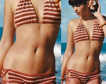 Vintage Knitting Pattern Striped String Bikini Swimsuit PDF Instant Digital Download Micro 2 Piece Bathing Suit Beachwear