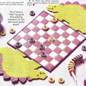 Vintage Plastic Canvas Pattern Dinosaur Checkers Board Game Kids Toys PDF Instant Digital Download Christmas Gift
