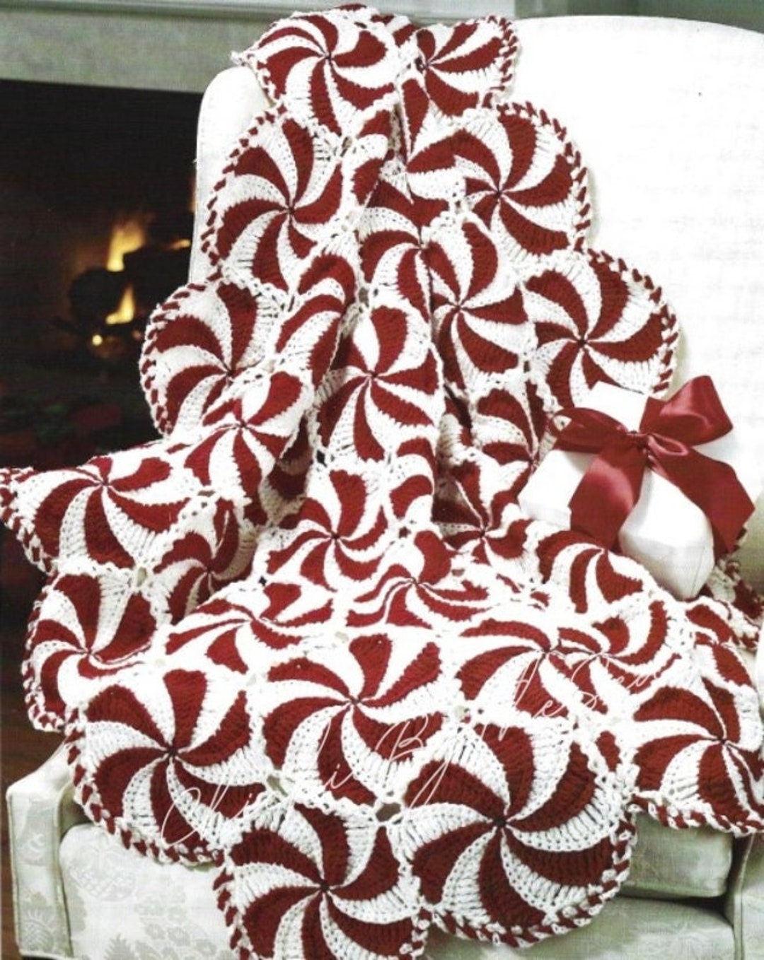 Vintage Peppermint Candy Cane Afghan Crochet Pattern PDF Instant Digital Download Holiday Round Motif Throw Blanket Christmas Home Decor