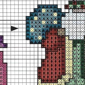 May include: Cross stitch pattern featuring a colorful Christmas stocking with a red, green, and blue design. The stocking is filled with a variety of gifts, including a small red and white striped gift box, a green and white striped gift box, and a small yellow gift box.