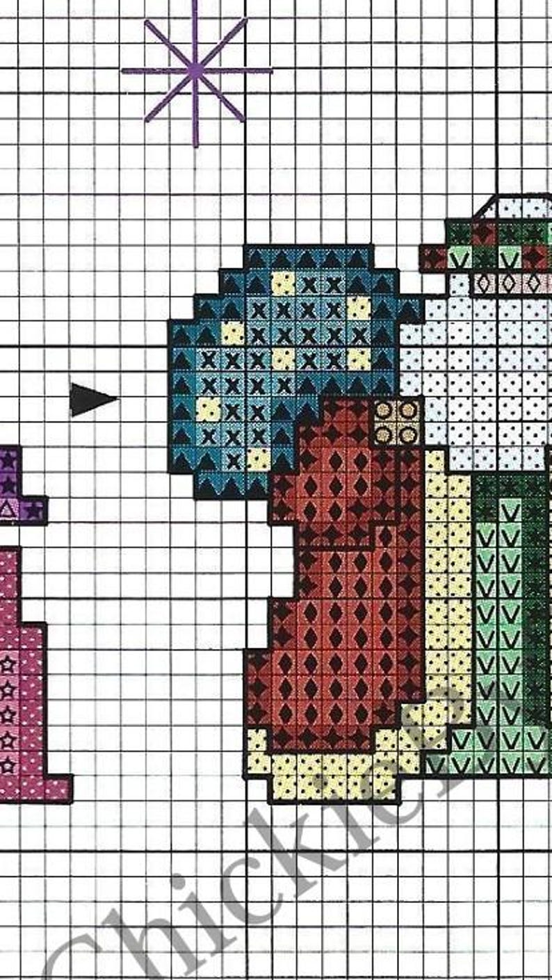 May include: Cross stitch pattern featuring a colorful Christmas stocking with a red, green, and blue design. The stocking is filled with a variety of gifts, including a small red and white striped gift box, a green and white striped gift box, and a small yellow gift box.