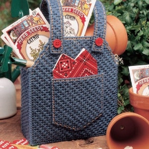 Plastic Canvas Pattern Overalls Gift Bag PDF Instant Digital Download Birthday Gift Holder Beach Tote Bag Birthday Gift Idea Garden Lover