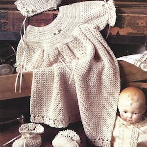 Vintage Crochet Pattern Baby Baptism Christening Gown Bonnet and Booties Set PDF Instant Digital Download Retro Lace Gown Baby Shower Gift