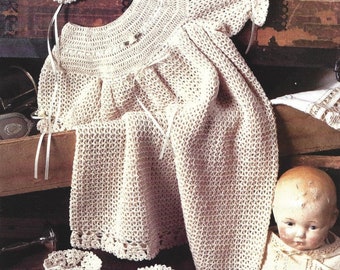 Vintage Crochet Pattern Baby Baptism Christening Gown Bonnet and Booties Set PDF Instant Digital Download Retro Lace Gown Baby Shower Gift