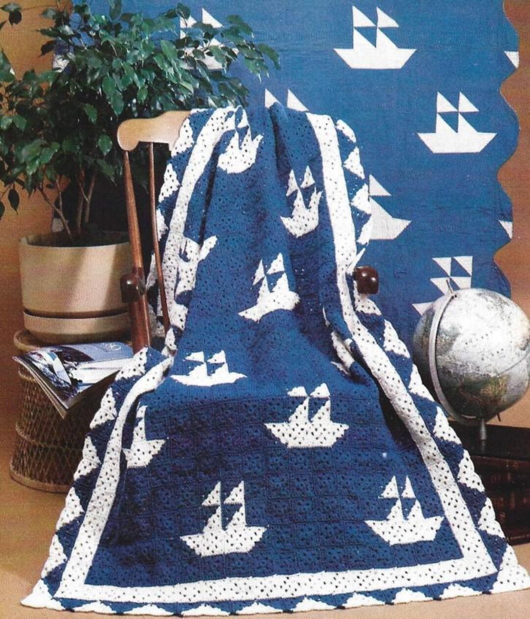 Vintage Crochet Quilt Pattern Granny Square Sailboat Afghan PDF Instant ...