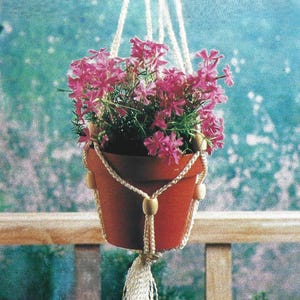 May include: A white macrame plant hanger with wooden beads holds a terracotta pot with pink flowers.