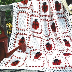 Patrón de crochet vintage para manta afgana con diseño de mariquita roja (PDF, descarga digital instantánea). Motivo cuadrado. Decoración primaveral para el hogar.