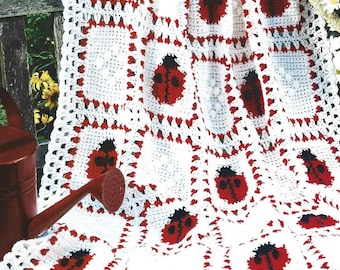 Vintage Crochet Pattern Red Ladybug Afghan Wrap PDF Instant Digital Download Square Motif Throw Blanket Coverlet Spring Home Decor