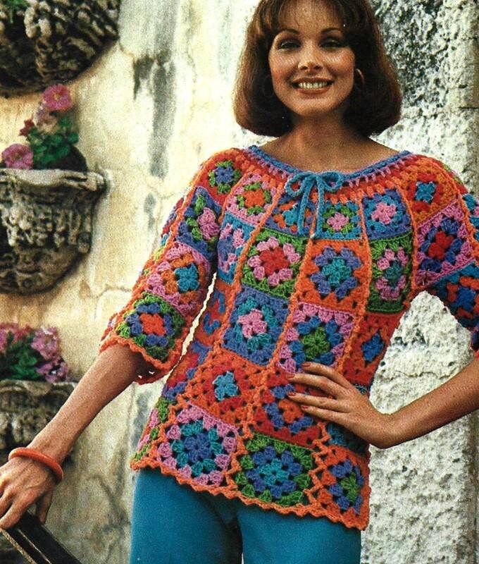 Vintage Crochet Pattern Granny Square Patchwork Pullover Top